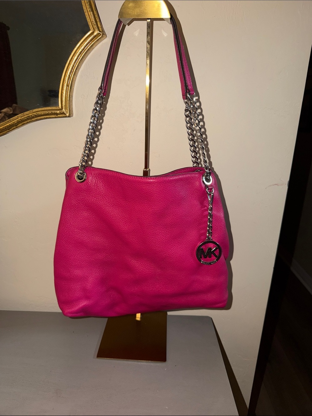 Michael Kors Hot Pink Leather Shoulder Bag with Silver Chain Straps